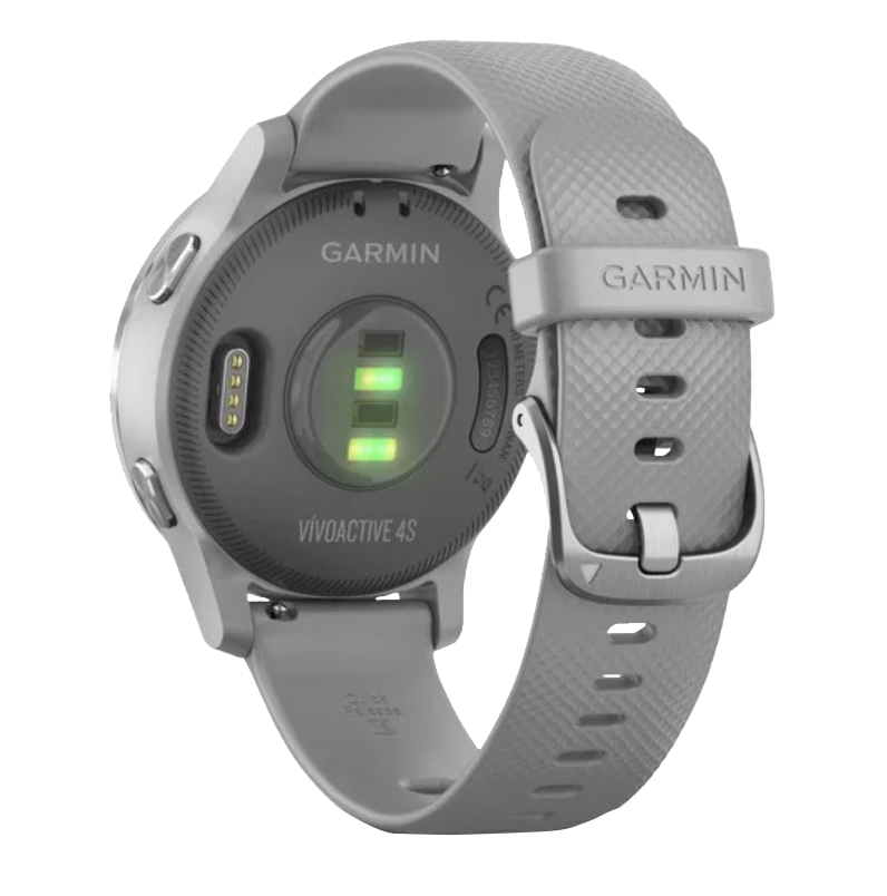 Garmin Vivoactive 4S smartwatch with silver case and gray band