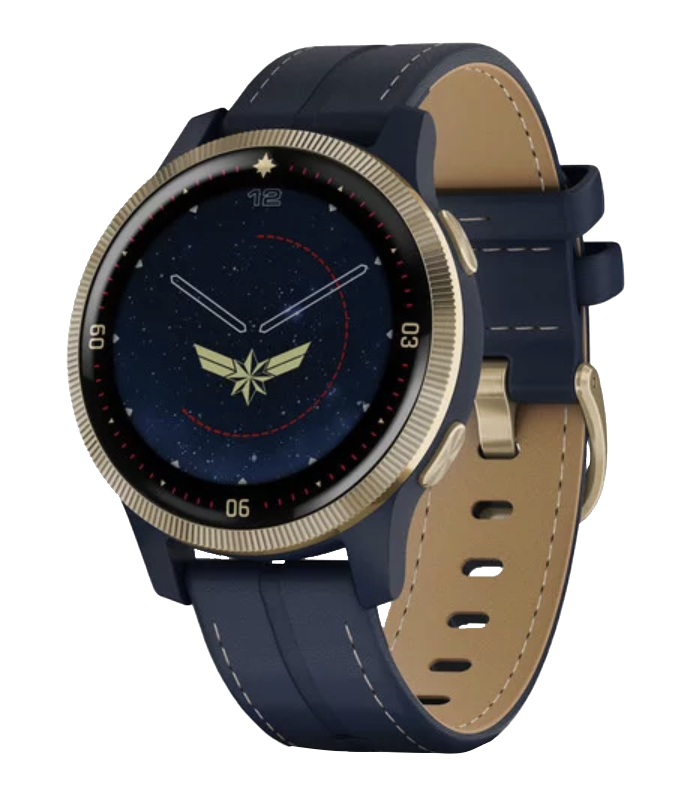 Garmin Captain Marvel Legacy Hero Series smartwatch with navy blue strap and gold bezel