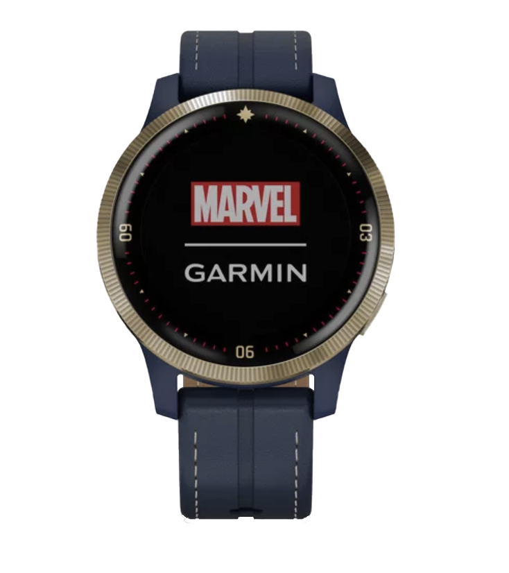 Garmin Captain Marvel Legacy Hero Series smartwatch with blue strap and gold bezel