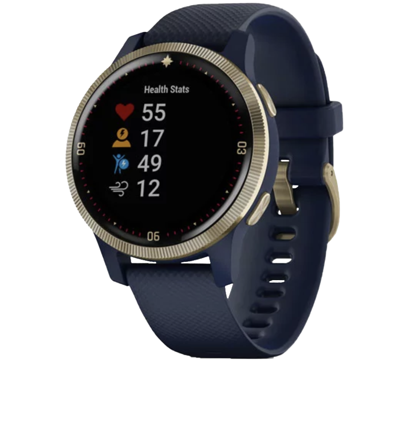 Garmin Captain Marvel Legacy Vivoactive smartwatch with navy strap and gold bezel