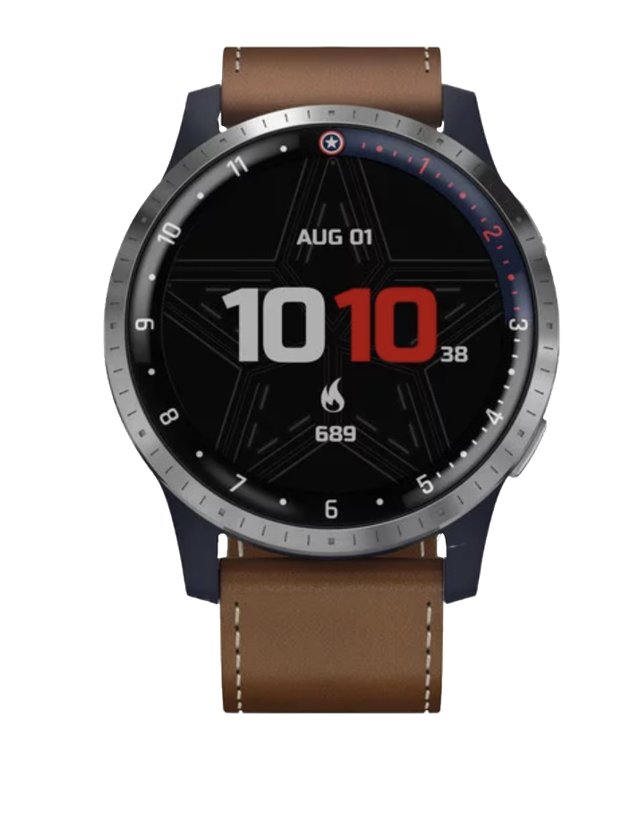 Garmin First Avenger Legacy smartwatch with brown leather strap and steel bezel