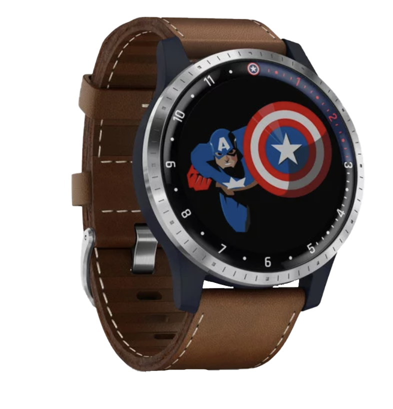 Garmin First Avenger Legacy Vivoactive smartwatch with brown leather strap and Captain America face