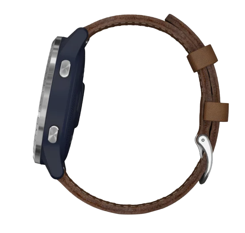 Garmin Vivoactive First Avenger Legacy smartwatch with dark blue case and brown leather strap