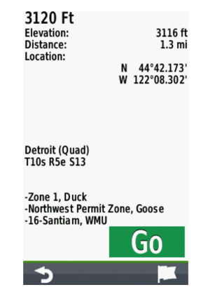 Garmin Huntview Plus Map Oklahoma MicroSD Card 010-12643-03 display with coordinates and Go button