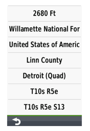 Garmin Huntview Plus map screen: Willamette National Forest, United States, Linn County, Detroit (Quad), 2680 ft