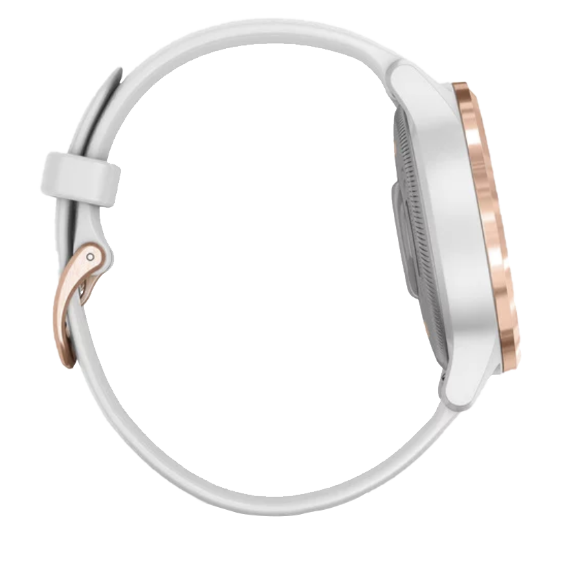 Garmin Vivoactive 4S smartwatch with rose-gold bezel and white band