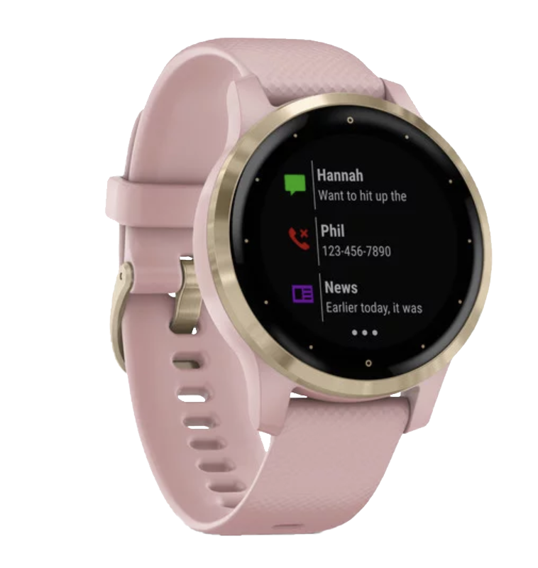 Garmin Vivoactive 4S smartwatch with light gold bezel and dust rose band