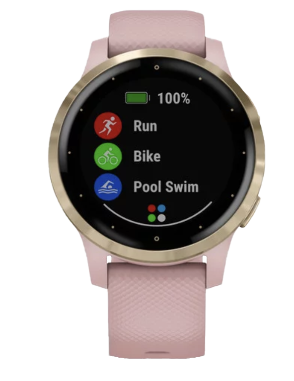 Garmin Vivoactive 4S smartwatch with a light gold case and dusty rose band
