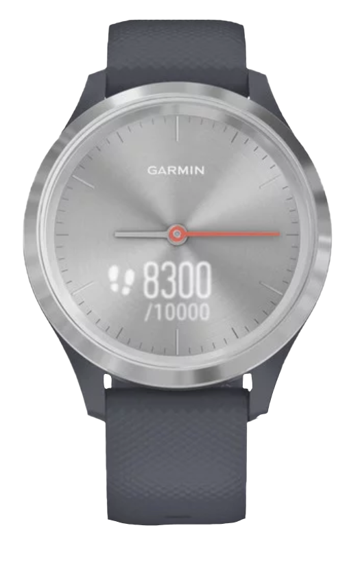 Garmin Vivomove 3S smartwatch with silver dial and granite blue band