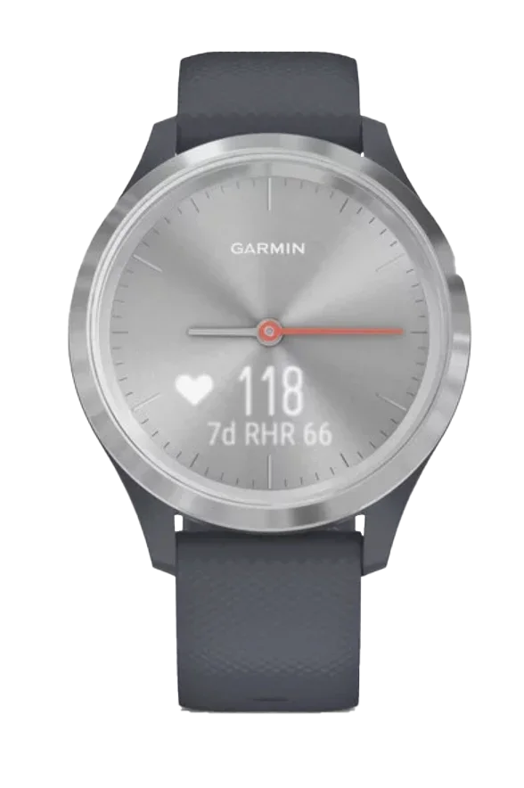 Garmin Vívomove 3S smartwatch with silver case and granite-blue band.