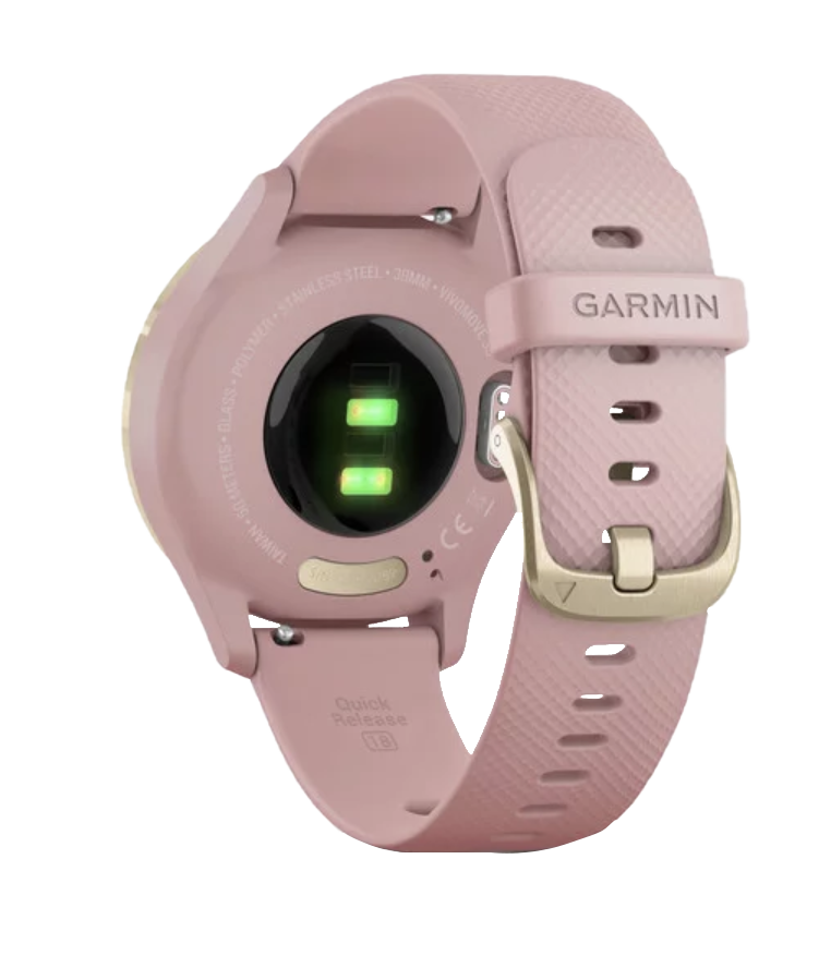 Garmin Vivomove 3S smartwatch with light gold case and dust rose band