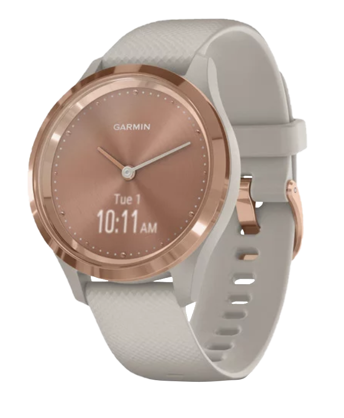 Garmin Vivomove 3S smart watch in rose gold with light sand band.