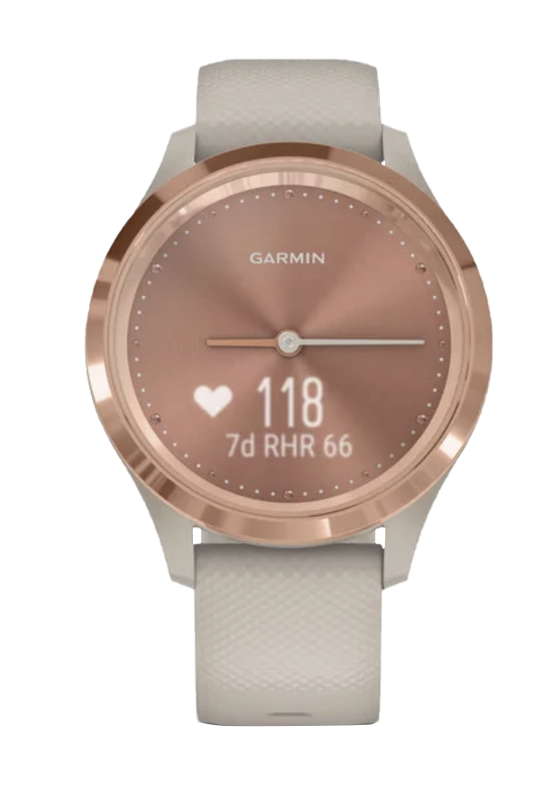Garmin Vivomove 3S smartwatch, rose-gold case with light sand strap.