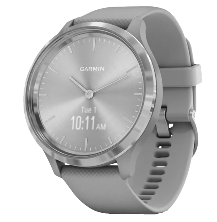 Garmin Vívomove 3 smartwatch with silver stainless bezel and powder gray silicone band