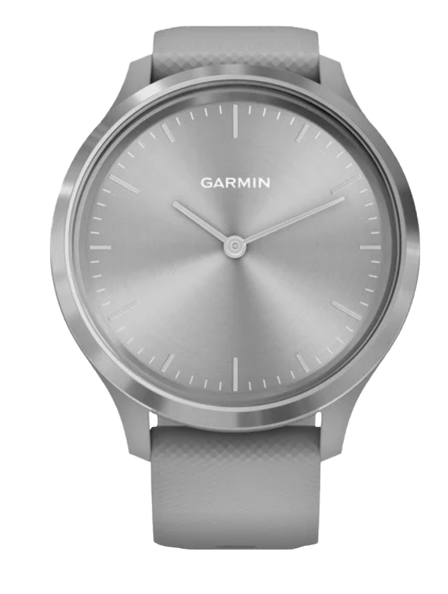 Garmin Vívomove 3 watch with silver stainless bezel and powder gray silicone band, Garmin Certified Refurbished