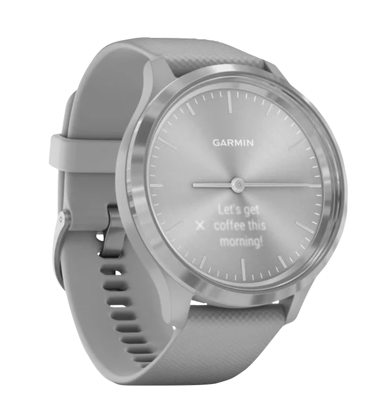 Garmin Vivomove 3 smartwatch with silver stainless steel bezel and powder gray silicone band