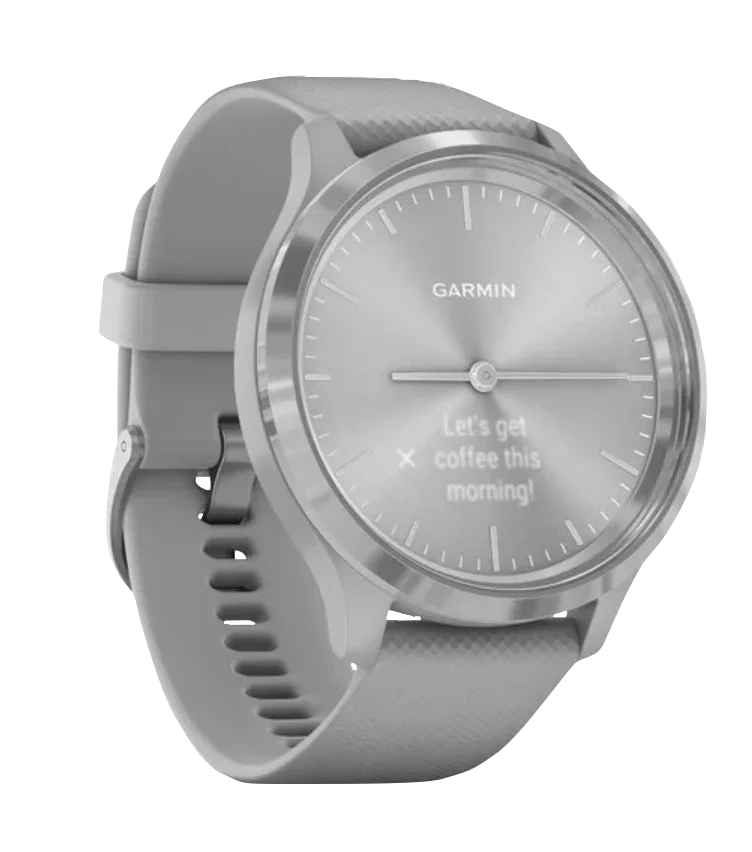 Garmin Vivomove 3 smartwatch with silver stainless steel bezel and powder gray silicone band