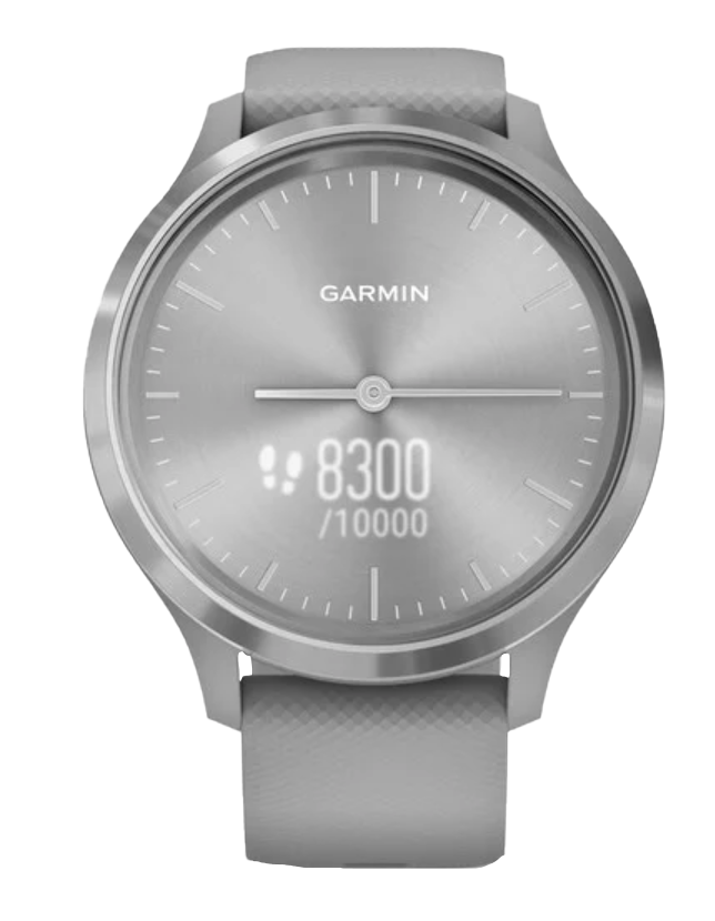 Garmin Vívomove 3 smartwatch with silver stainless bezel and powder gray silicone band, certified refurbished