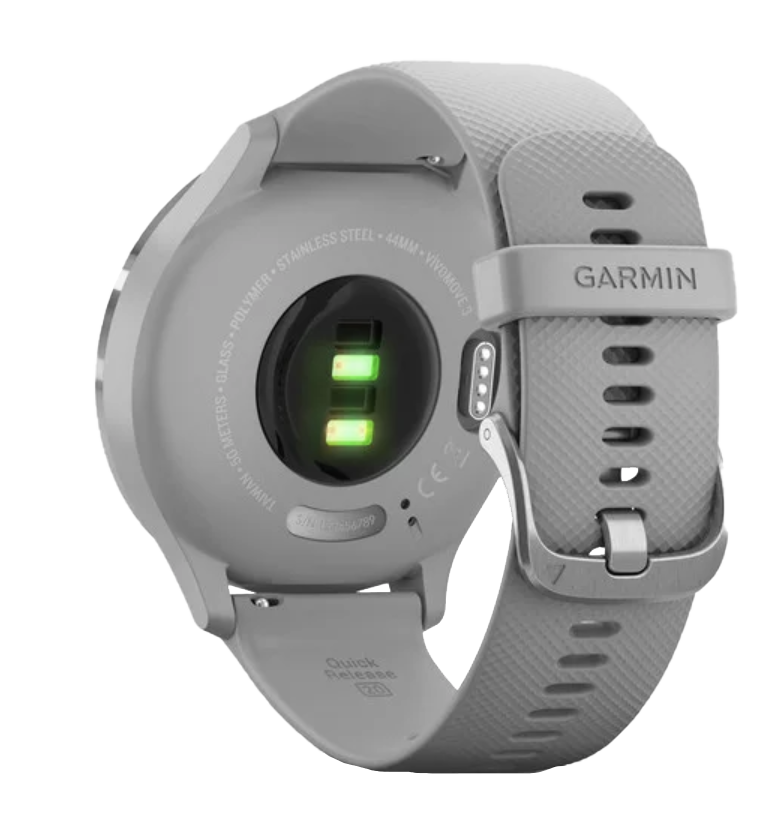 Garmin Vivomove 3 smartwatch, silver stainless bezel with powder gray silicone band, certified refurbished
