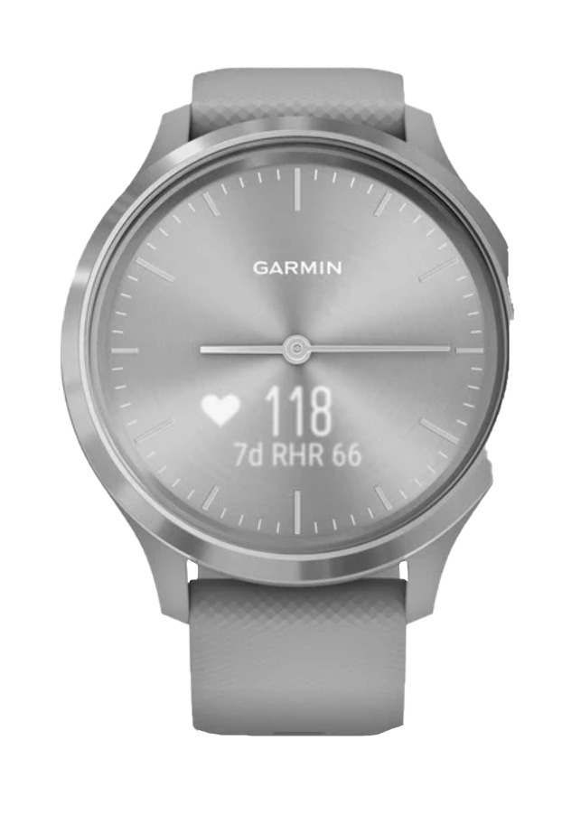 Garmin Vívomove 3 smartwatch with a silver bezel and powder gray silicone band