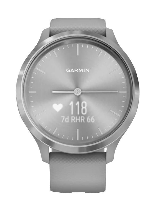 Garmin Vívomove 3 smartwatch with silver stainless steel bezel and powder gray silicone band
