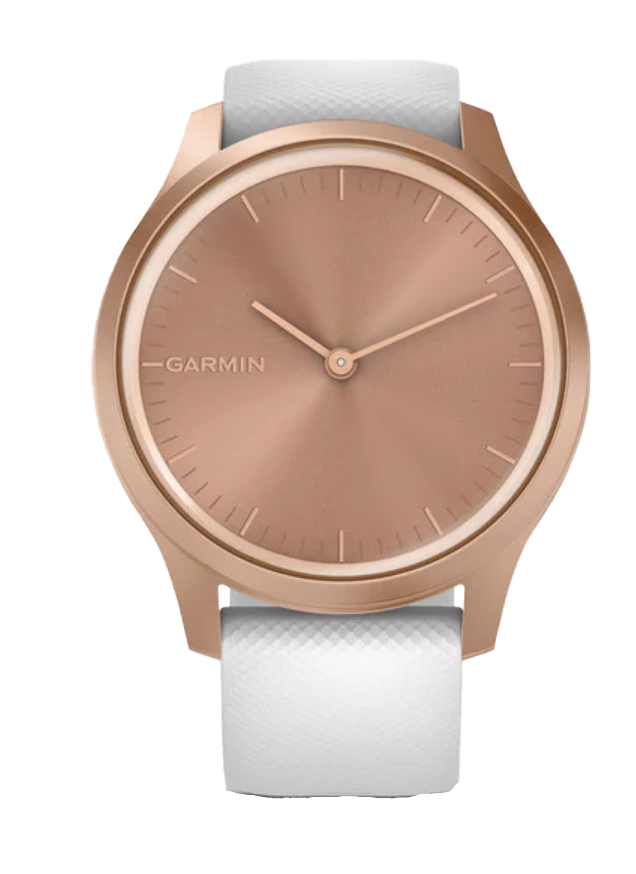 Garmin Vívomove Style wristwatch with rose gold case and white silicone band, certified refurbished