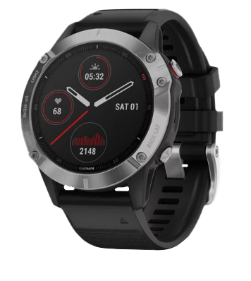 Garmin Fenix 6 smartwatch with silver bezel and black band