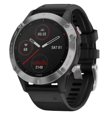 Garmin Fenix 6 smartwatch with silver bezel and black band