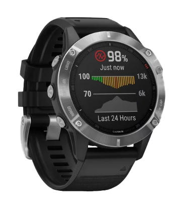 Garmin Fenix 6 smartwatch, gray bezel, black band, Garmin Certified Refurbished