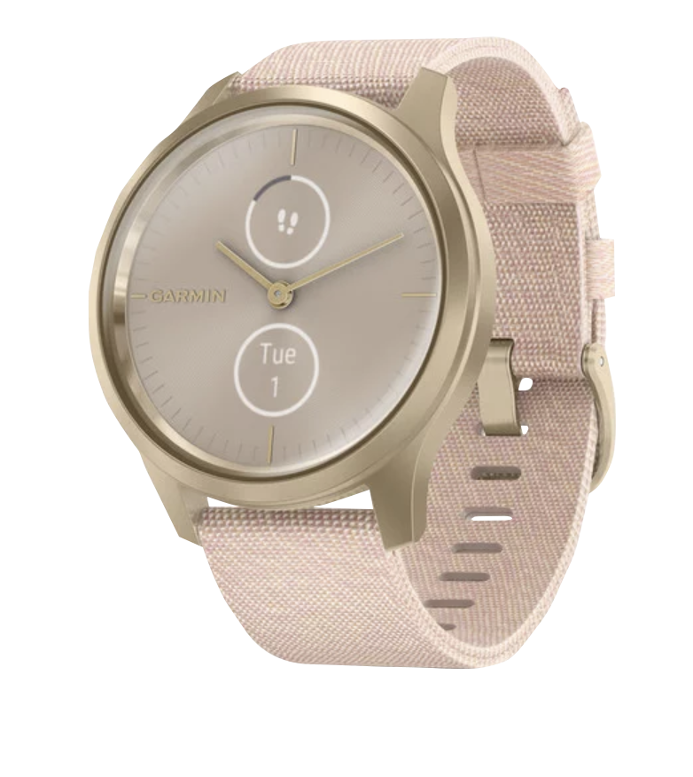 Garmin Vivomove Style smart watch with light gold aluminum case and blush pink woven nylon band.