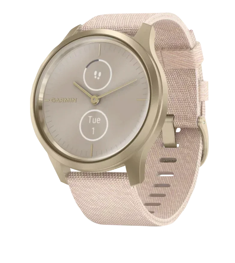 Garmin Vivomove Style smart watch with light gold aluminum case and blush pink woven nylon band.