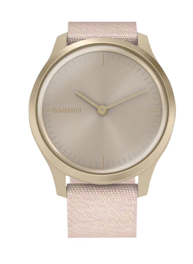 Garmin Vívomove Style smartwatch with a light gold aluminum case and blush pink woven nylon band
