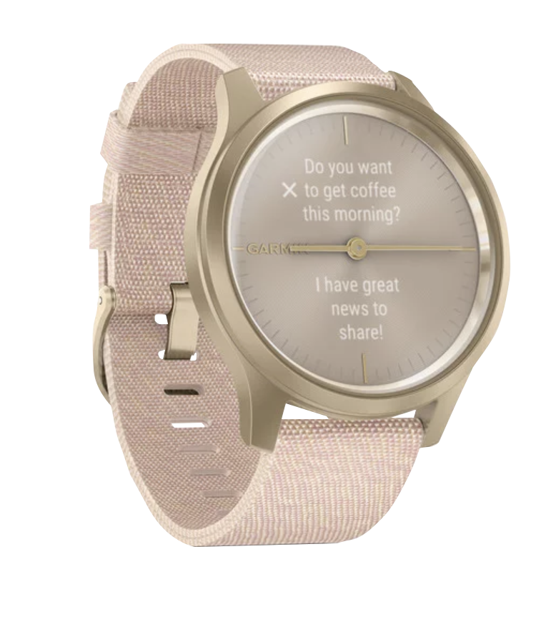 Garmin Vívomove Style smartwatch with a light gold aluminum case and blush pink woven nylon band