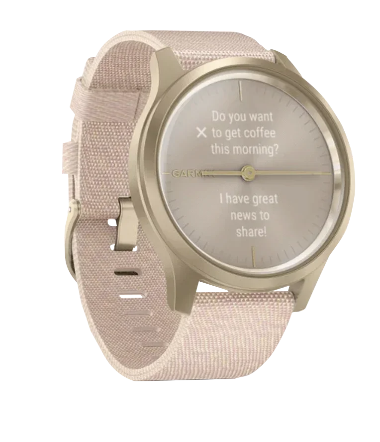 Garmin Vívomove Style smartwatch with a light gold aluminum case and blush pink woven nylon band