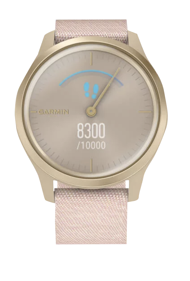 Garmin Vivomove Style smartwatch with light gold aluminum case and blush pink woven nylon band.
