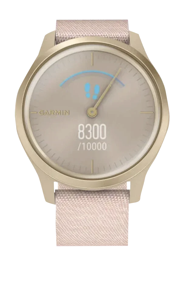 Garmin Vivomove Style smartwatch with light gold aluminum case and blush pink woven nylon band.
