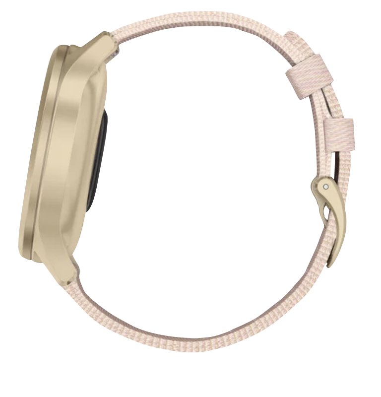 Garmin Vívomove Style smartwatch with a light gold aluminum case and blush pink woven nylon band