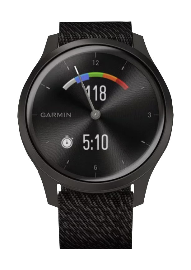 Garmin Vivomove Style smartwatch, graphite aluminum case with black pepper woven nylon band