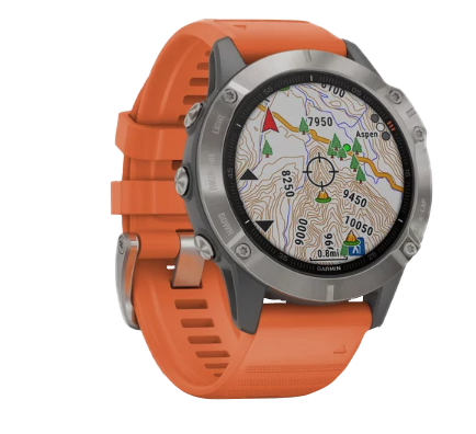Garmin Fenix 6 Sapphire Titanium smartwatch with Ember Orange band and map display