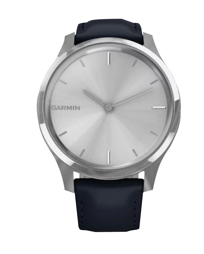 Garmin Vivomove Luxe watch, silver stainless steel case, navy Italian leather strap.