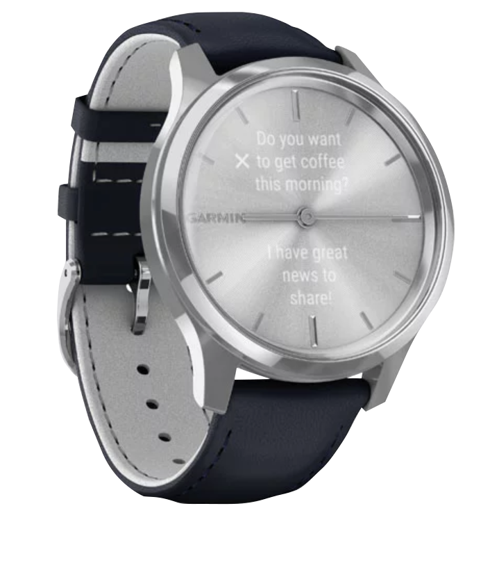 Garmin Vivomove Luxe watch with silver stainless steel case and navy Italian leather band (010-02241-00)