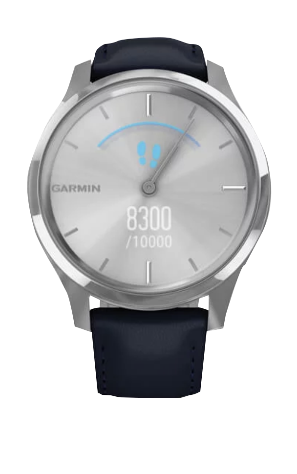 Garmin Vivomove Luxe watch with a silver stainless steel case and navy Italian leather band.