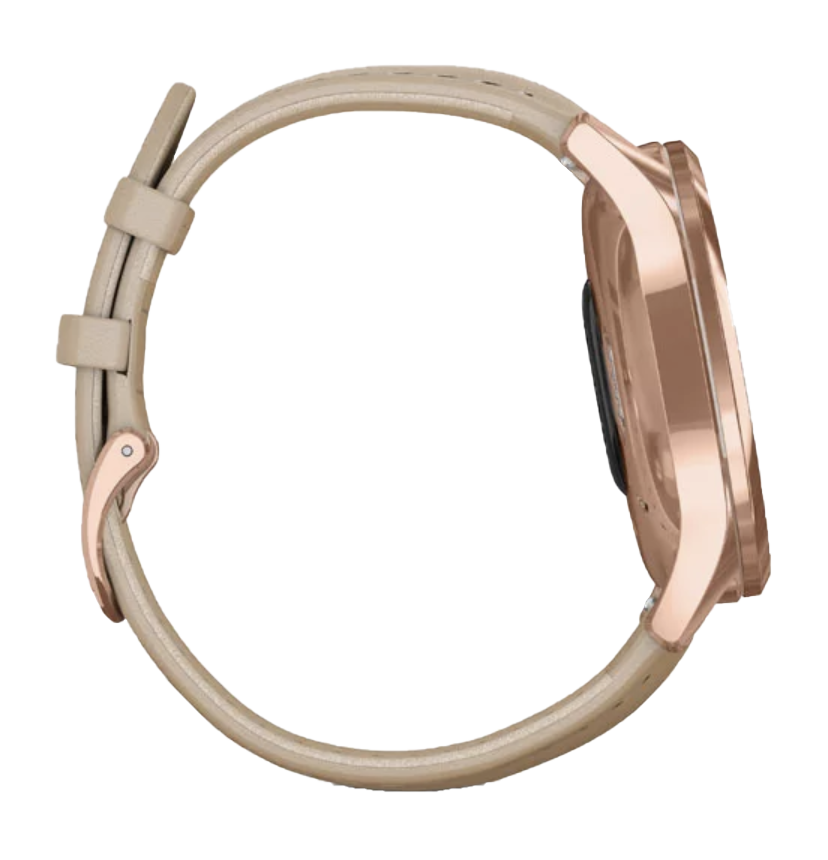 Garmin Vivomove Luxe smartwatch with 18K rose gold PVD stainless steel case and light sand Italian leather band