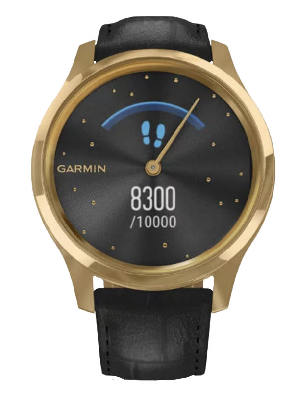 Garmin Vivomove Luxe watch with 24K gold PVD stainless steel case and black embossed Italian leather band.