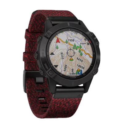 Garmin Fenix 6 Smartwatch with Sapphire Black DLC bezel and heathered red nylon band