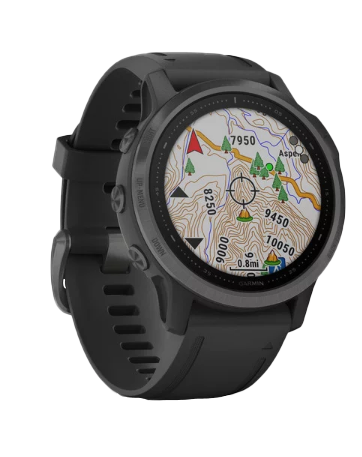 Garmin Fenix 6X Sapphire smart watch with carbon gray DLC case and black band.