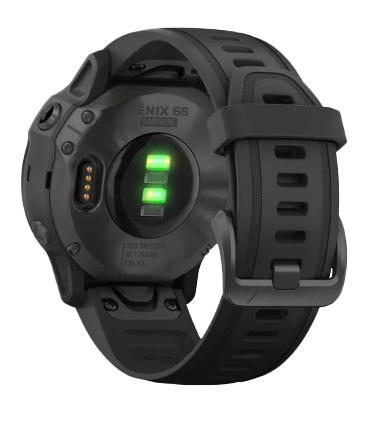 Garmin Fenix 6X Sapphire carbon gray DLC smartwatch with black band and green sensor lights