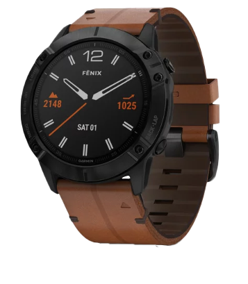 Garmin Fenix 6X Sapphire smart watch with black bezel and chestnut leather band
