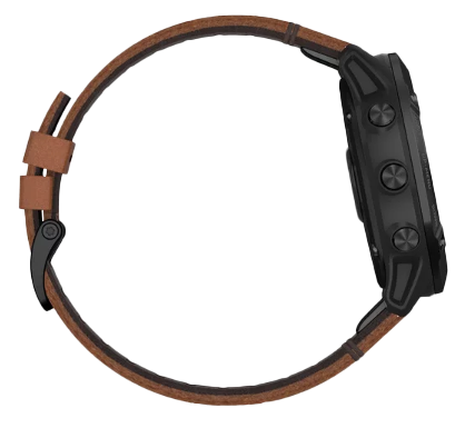 Garmin Fenix 6X Sapphire watch with black case and chestnut leather band