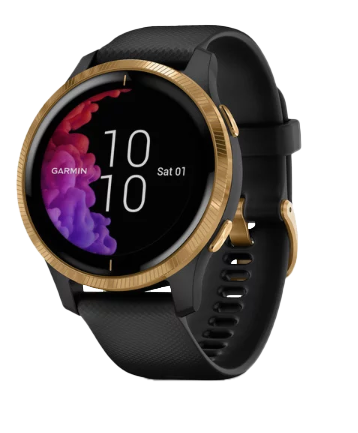 Garmin Venu smartwatch, black band with gold bezel, model 010-02173-31
